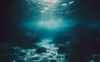 ai generiert unter Wasser Sand Fußboden Licht scheint unter Wasser klar Wasser leeren Meeresboden das Sand Oberfläche ist im das gestalten von Wellen unter das Meer foto