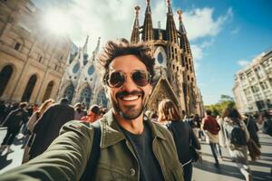 ai generiert Mann Erfassen ein unvergesslich Selfie im Vorderseite von ein majestätisch Kathedrale la Sagrada familia im Barcelona, Spanien erstellt mit generativ ai Technologie foto