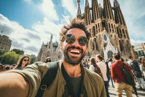 ai generiert Mann Erfassen ein unvergesslich Selfie im Vorderseite von ein majestätisch Kathedrale la Sagrada familia im Barcelona, Spanien erstellt mit generativ ai Technologie foto