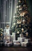 ai generiert Weihnachten die Geschenke Nächster zu ein Weihnachten Baum, foto