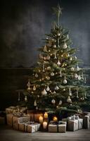 ai generiert Weihnachten Baum dekoriert mit Geschenke und Holz foto