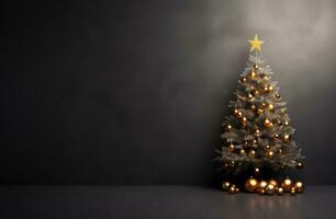 ai generiert Weihnachten Baum im ein offen, grau Zimmer mit ein Bokeh bewirken foto