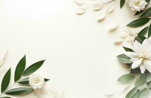 ai generiert ein Weiß Hintergrund umgeben durch Blumen und Blätter foto