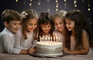 ai generiert Gruppe von Kinder Putten Kerzen auf ein Kuchen foto