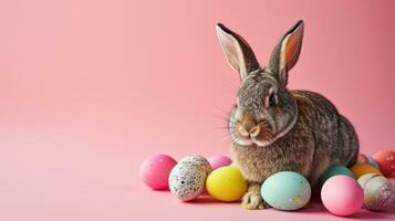 ai generiert Ostern Urlaub Hintergrund mit süß Hase, bunt Eier foto