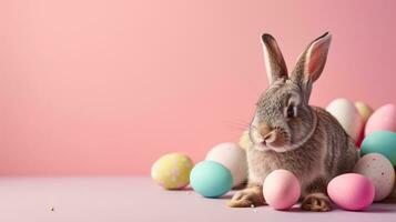 ai generiert Ostern Urlaub Hintergrund mit süß Hase, bunt Eier foto