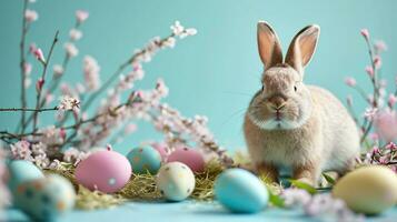 ai generiert Ostern Urlaub Hintergrund mit süß Hase, bunt Eier foto
