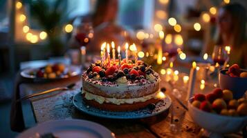 ai generiert ein Geburtstag Kuchen Sitzung auf ein Tabelle mit Luftballons foto