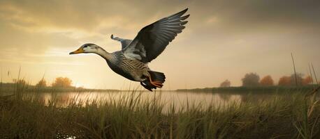 ai generiert Ente fliegend Über bewaldet Grasland im das früh Morgen Licht foto