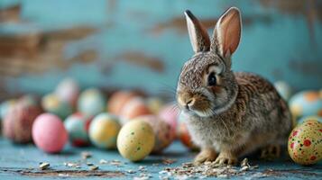 ai generiert Ostern Urlaub Hintergrund mit süß Hase, bunt Eier foto