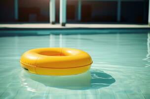 ai generiert ein groß Gelb Schwimmbad Ring ist schwebend im das Schwimmbad foto