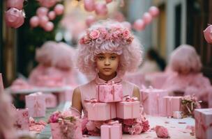 ai generiert ein wenig Mädchen ist halten ein Rosa Box im ihr Kopf und halten es oben foto