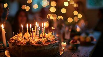 ai generiert ein Geburtstag Kuchen Sitzung auf ein Tabelle mit Luftballons foto