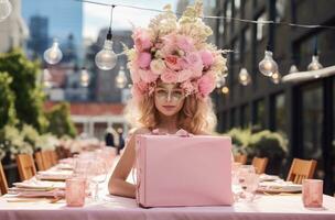 ai generiert ein wenig Mädchen ist halten ein Rosa Box im ihr Kopf und halten es oben foto