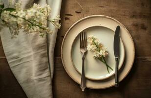 ai generiert ein Platte, Serviette und Besteck auf das Tabelle mit klein Blumen foto