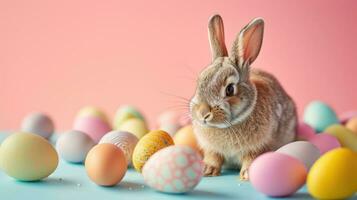 ai generiert Ostern Urlaub Hintergrund mit süß Hase, bunt Eier foto