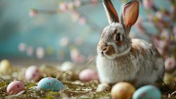 ai generiert Ostern Urlaub Hintergrund mit süß Hase, bunt Eier foto