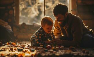 ai generiert glücklich Vater und Sohn, spielen mit Spielzeug Blöcke foto