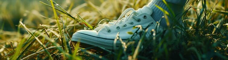 ai generiert Sneaker mit Grün Gras, foto