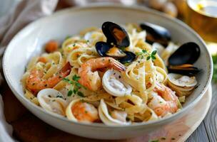 ai generiert frisch Garnele mit frisch Knoblauch auf Pasta zum oben Aussicht foto