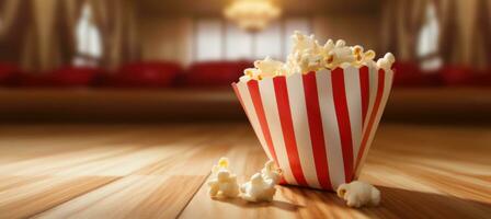 ai generiert Popcorn im ein Tasche im das Center von ein braun Fußboden foto