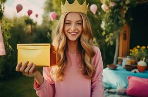 ai generiert Mädchen mit Krone halten Gold Box Party foto
