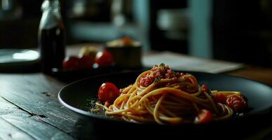 ai generiert Spaghetti auf ein Teller auf schwarz Hintergrund foto