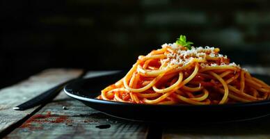 ai generiert Spaghetti auf ein Teller auf schwarz Hintergrund foto