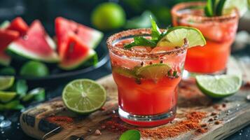 ai generiert Wassermelone Margarita mit Limette und ein würzig Rand foto