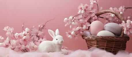 ai generiert Rosa Hase und Ostern Eier im ein Korb foto