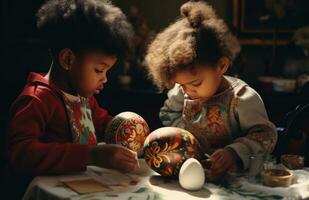 ai generiert zwei Kinder sind Gemälde Ostern Eier foto