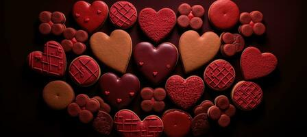 ai generiert verschiedene rot Kekse im ein Kreis von Herzen, emotional Komplex, bequemer Kern foto