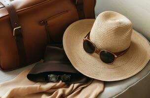 ai generiert Hut, Sonnenbrillen, Tasche und Sweatshirt sitzen Nächster zu einer Ein weiterer foto
