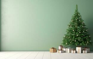 ai generiert Grün Weihnachten Baum und Baum im ein Zimmer foto