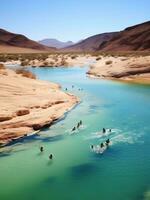 ai generiert Menschen Schwimmen im das klar Blau Wasser von das bosque de Boliva foto