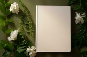 ai generiert ein Weiß leer Buch umgeben durch Grün Blätter foto