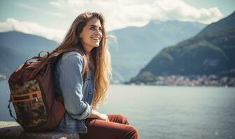 ai generiert ein Frau Sitzung auf das Ufer von See como halten ihr Rucksack während lächelnd foto