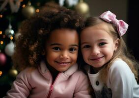 ai generiert süß Mädchen in der Nähe von Weihnachten Baum foto