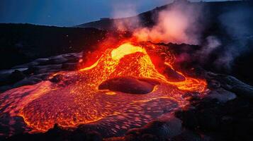 ai generiert feurig Vulkan, sprudelnd Lava, Rauchen Krater. foto