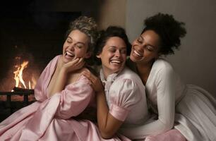 ai generiert drei abgeklungen Frauen scherzen zusammen auf Kissen posieren durch ein Kamin foto
