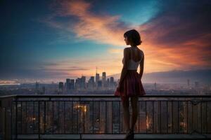 ai generiert nachtaktiv Träumereien, Silhouette von ein Mädchen bewundern das Nacht Stadtbild generativ durch ai foto