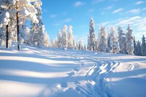 ai generiert ein Winter Szene mit Blau Himmel und schneebedeckt Bäume foto