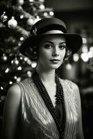 ai generiert retro Fest 1920er Jahre Mode inmitten ein Weihnachten Baum generativ durch ai foto