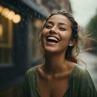 ai generiert regnerisch Lachen einfrieren gerahmt Freude im hoch Verschluss Geschwindigkeit generativ durch ai foto