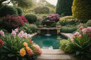 ai generiert still Garten Szene mit ein Vielfalt von bunt Blumen im blühen generativ durch ai foto