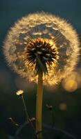 ai generiert Löwenzahn Samen Kopf von hinten beleuchtet durch das Rahmen Sonne, mit ein warm golden Stunde glühen generativ durch ai foto