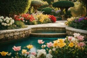 ai generiert still Garten Szene mit ein Vielfalt von bunt Blumen im blühen generativ durch ai foto