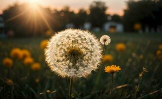 ai generiert Löwenzahn Samen Kopf von hinten beleuchtet durch das Rahmen Sonne, mit ein warm golden Stunde glühen generativ durch ai foto