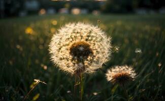 ai generiert Löwenzahn Samen Kopf von hinten beleuchtet durch das Rahmen Sonne, mit ein warm golden Stunde glühen generativ durch ai foto