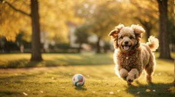 ai generiert froh Hund Laufen gegenüber das Kamera im ein sonnig Park mit ein Ball Lügen generativ durch ai foto